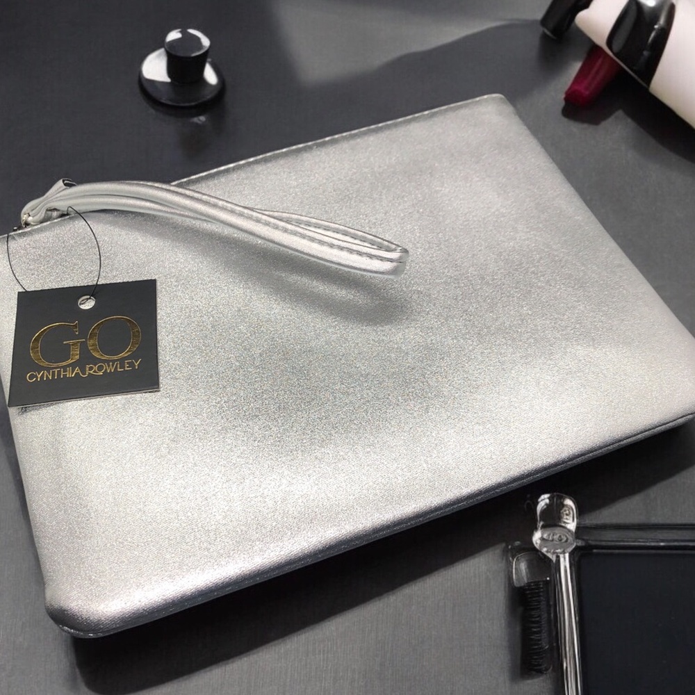 Cynthia Rowley Silver Clutch Wrislet | Zipper Pouch 9.25" L X 0.375" W X 7" H